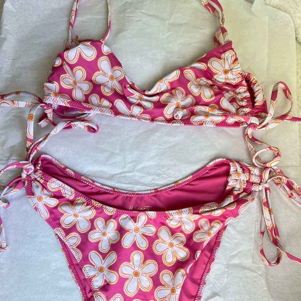 High waisted pink Hawaiian print bikini